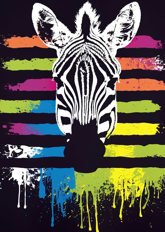 Zebra Head with Colorful Paint Splatters