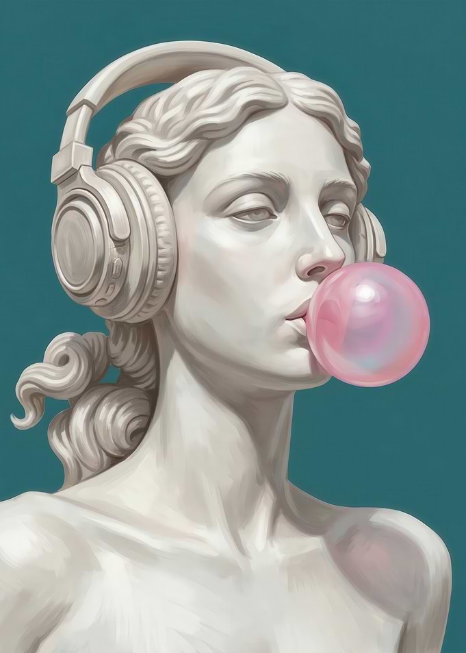 Statue with Headphones and Bubblegum