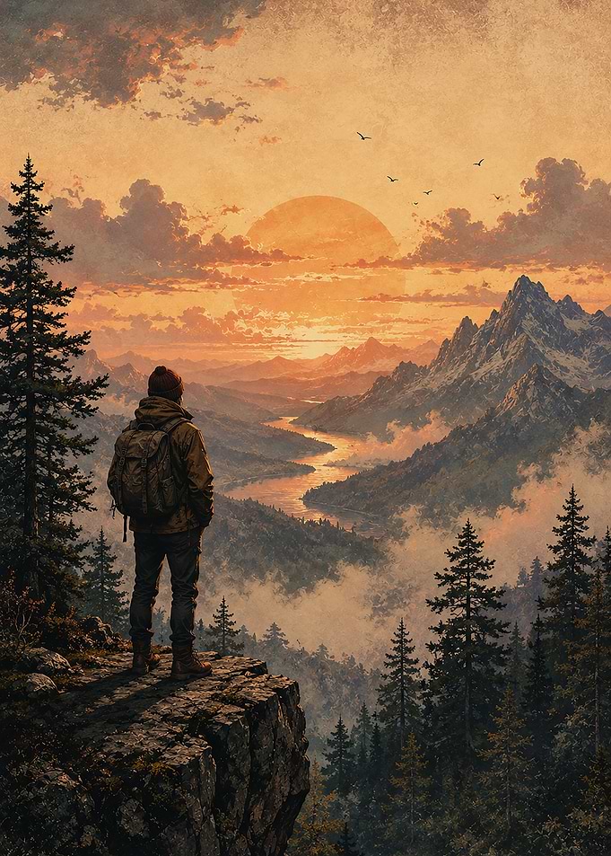 Hiker Overlooking Mountain Valley at Sunset