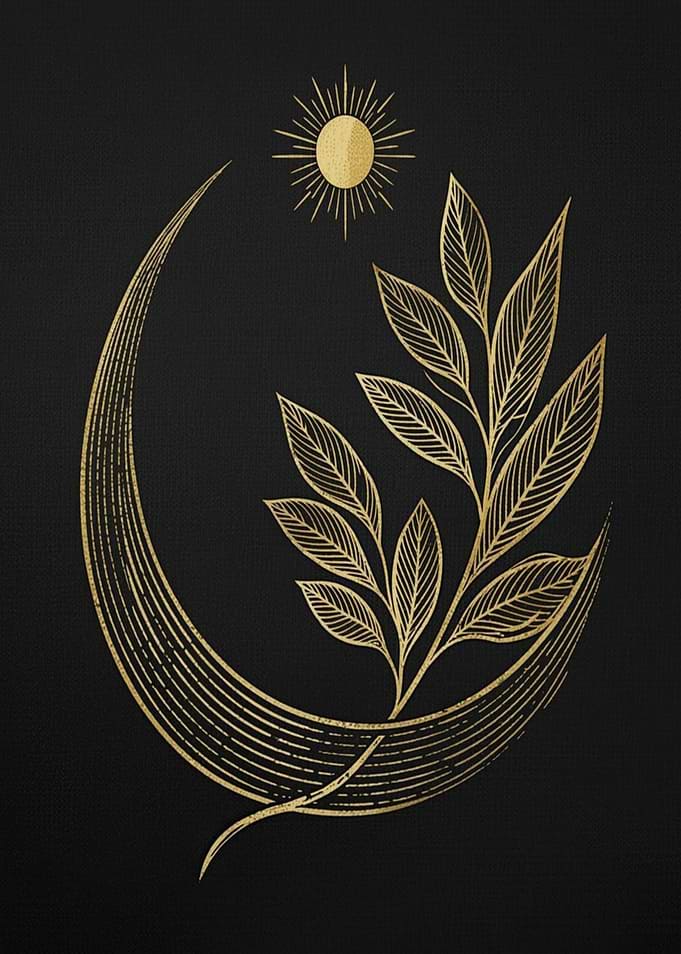 Golden Crescent Moon with Sun and Leaves