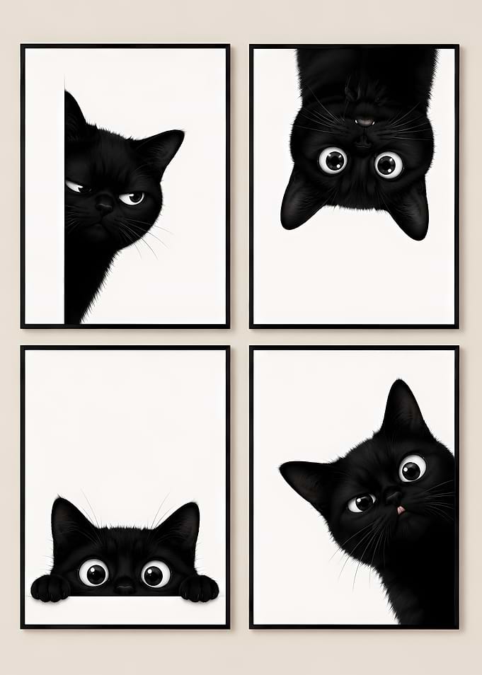 Four Black Cat Art Prints