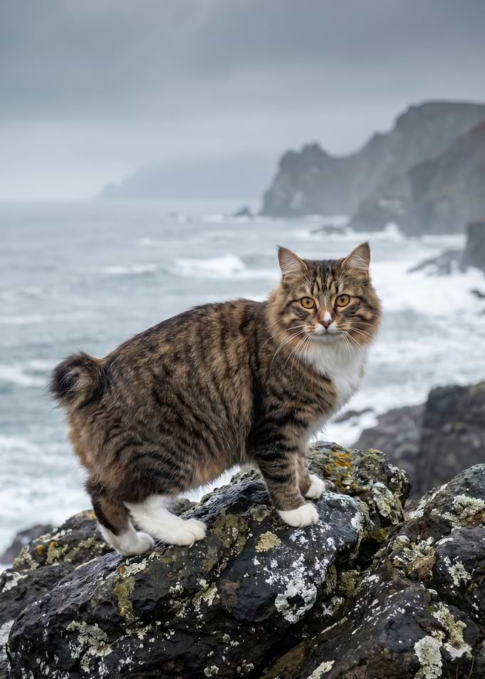 Bobtail cat on rocky coast