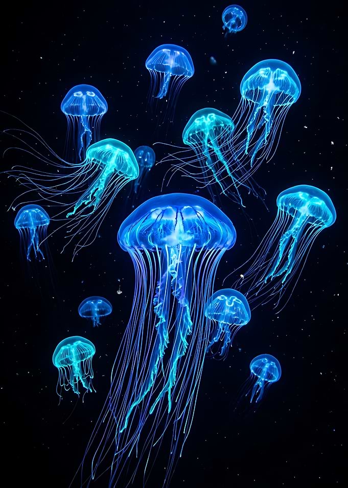 Bioluminescent Jellyfish in Dark Water