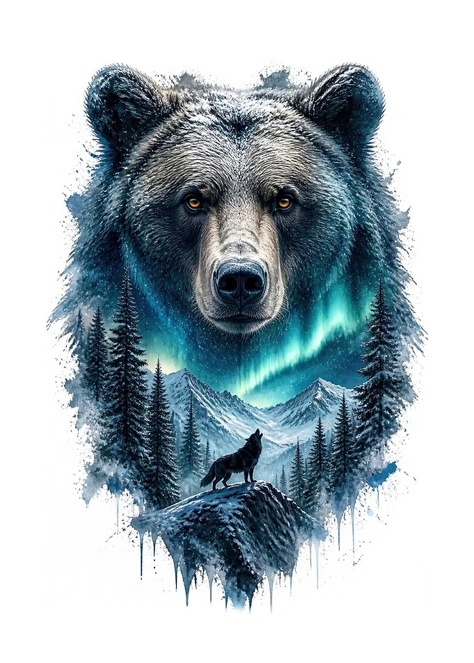 Bear and Wolf in Northern Lights Double Exposure
