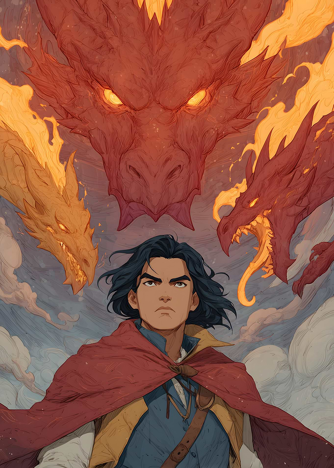 Young man facing dragons