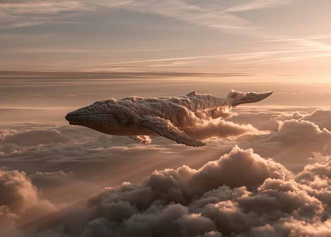 Whale Flying Through Clouds at Sunset