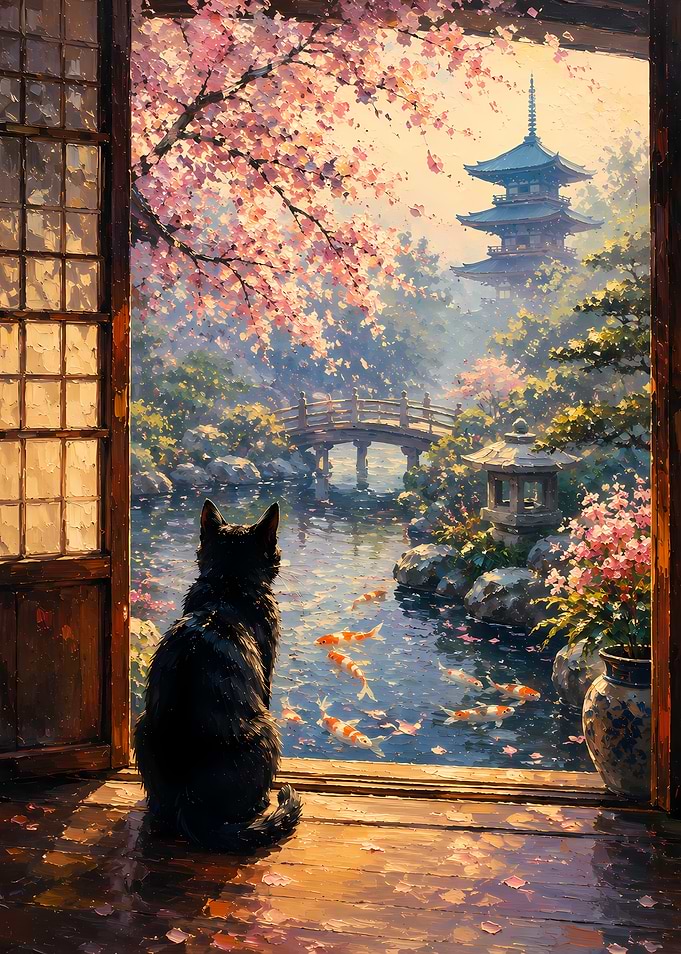 Black Cat in Japanese Garden