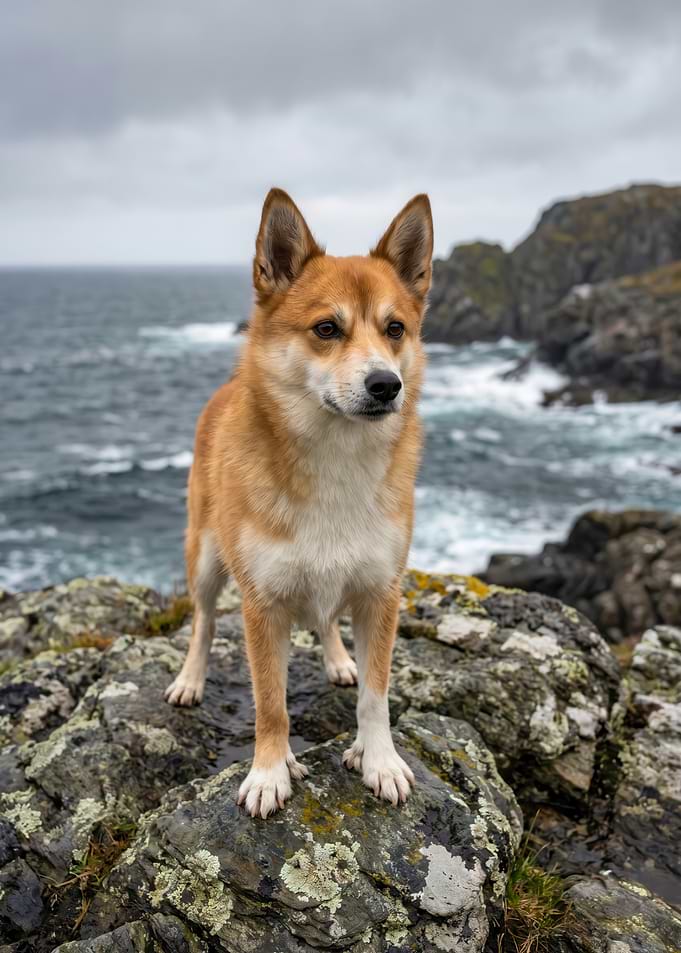 Dog on rocky coast
