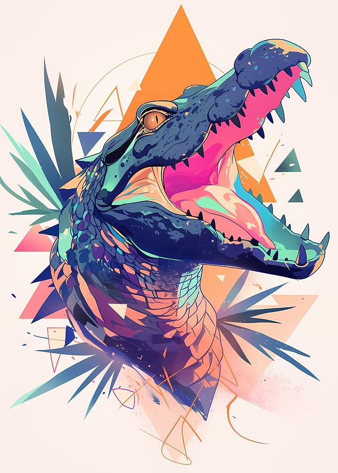 Vibrant Alligator Roaring with Geometric Background