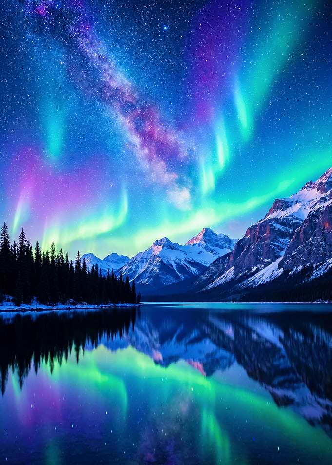 Aurora Borealis Over Mountains and Lake