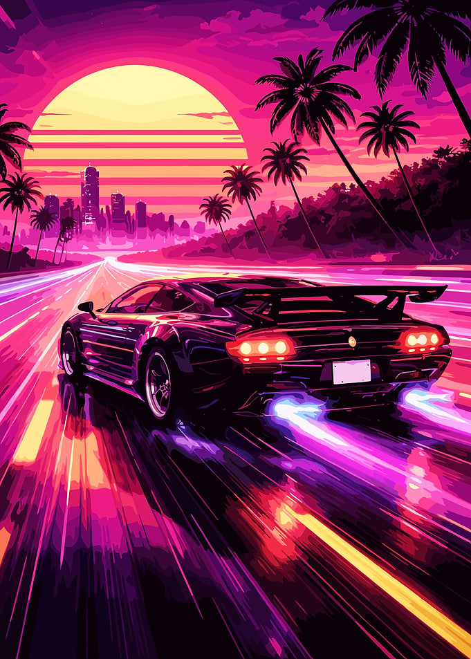 Retro Car Speeding at Sunset