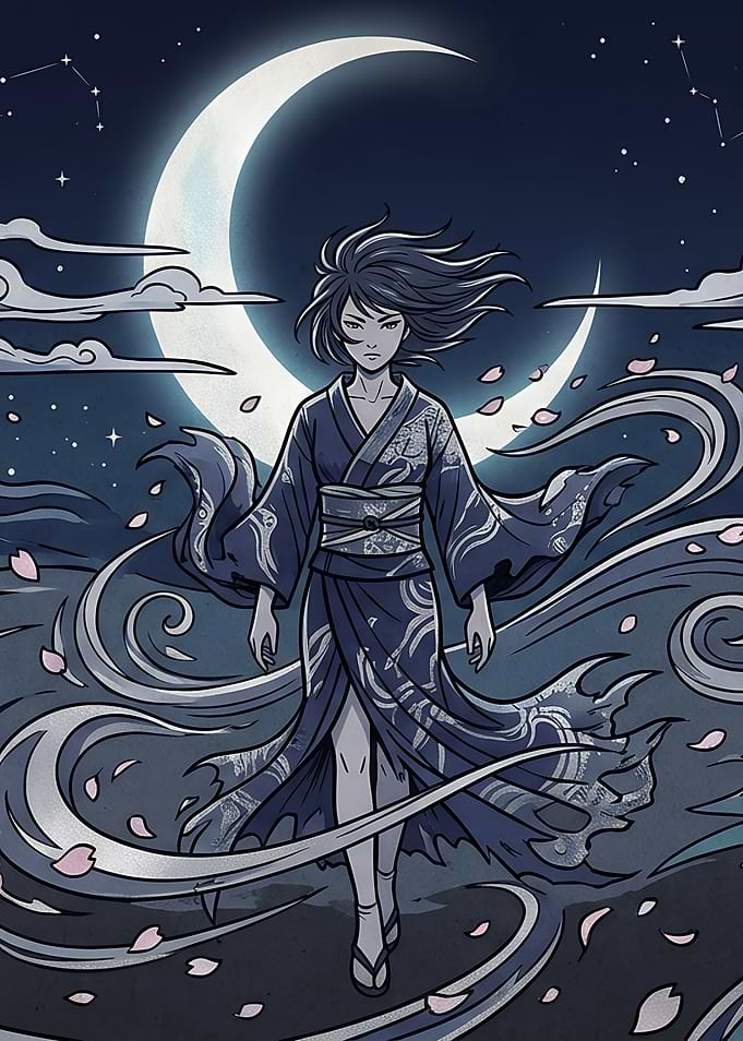 Yokaze Night Kimono Under Crescent Moon