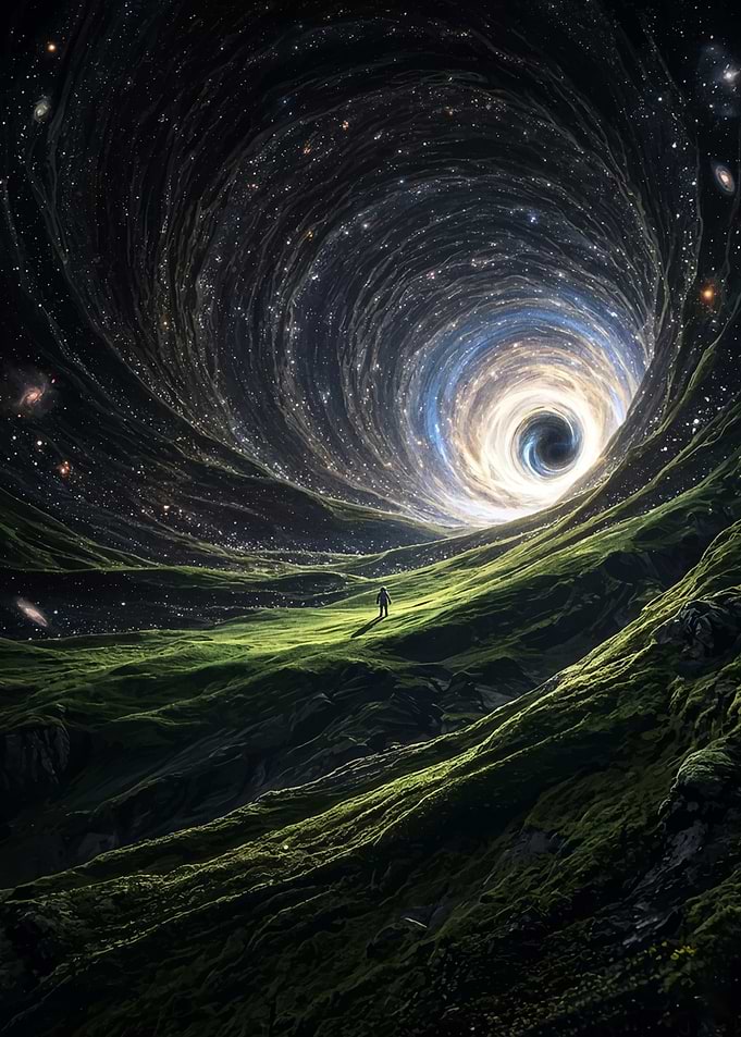 Man stands before a cosmic wormhole