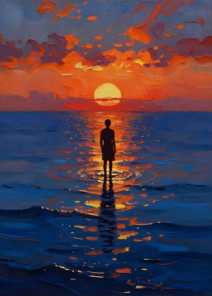 Silhouette against a vibrant sunset over the ocean