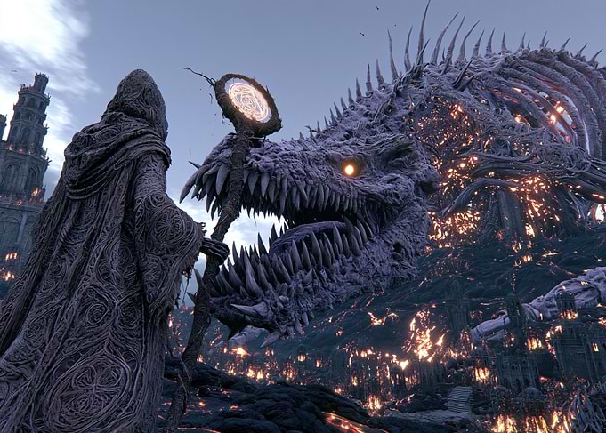 Fantasy Wizard Confronts Dragon
