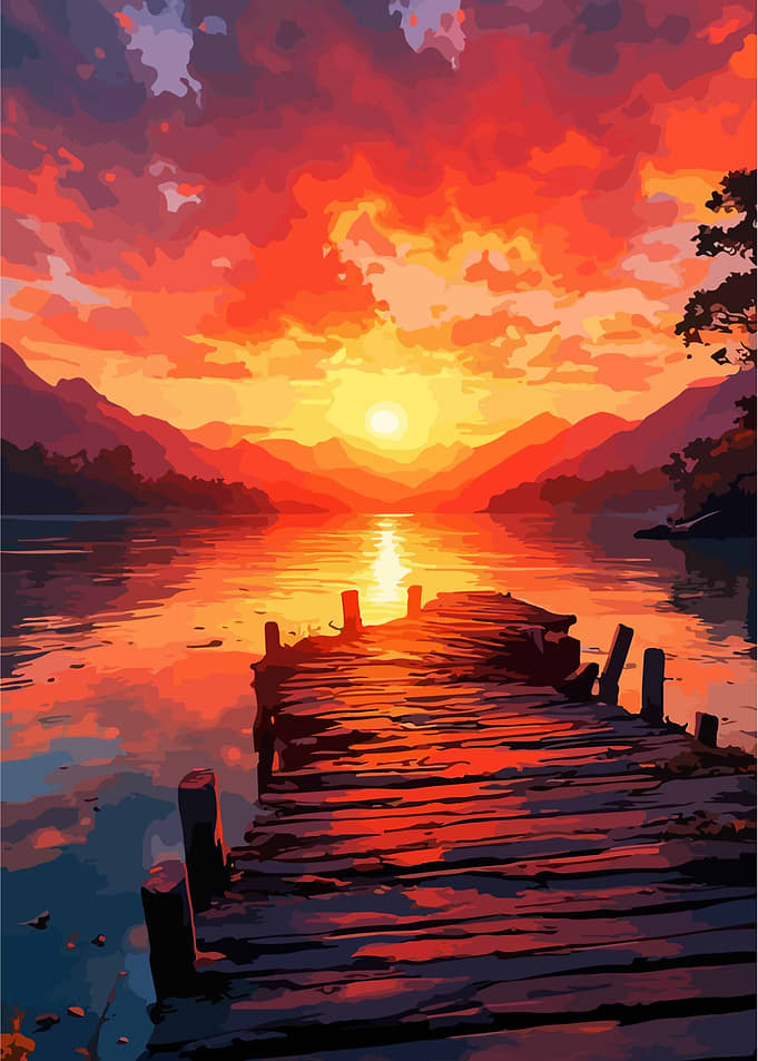 Sunset over a lake with a wooden pier