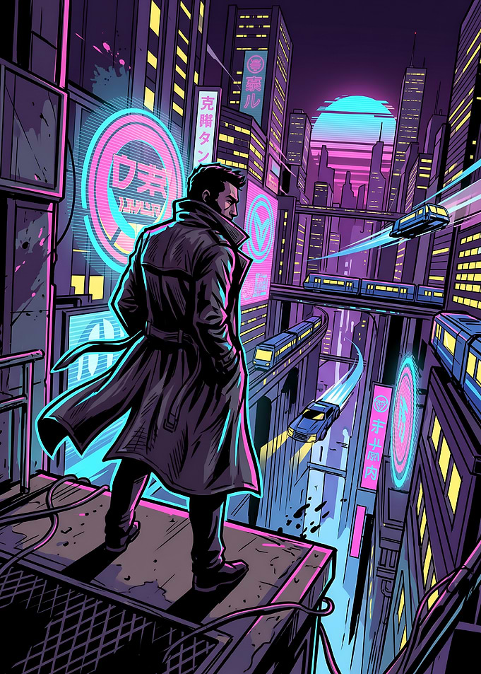 Cyberpunk Detective Overlooking Neon Night City