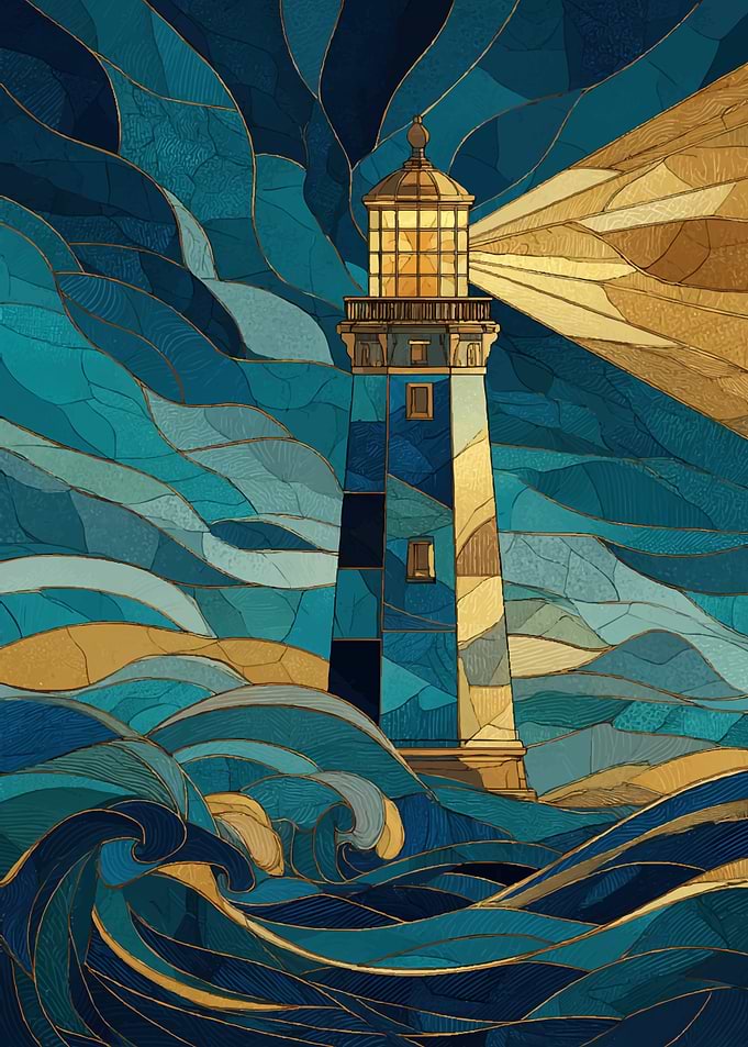 Stained Glass Lighthouse in Waves