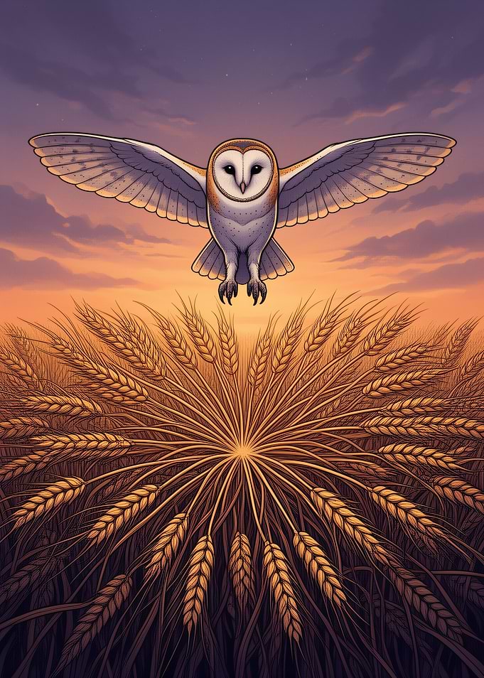 Barn Owl Flying Over Wheat Field at Sunset