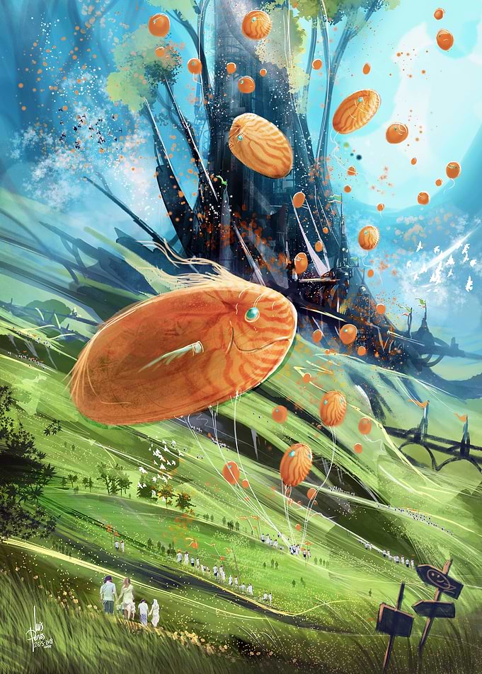 Fantasy landscape with flying creatures