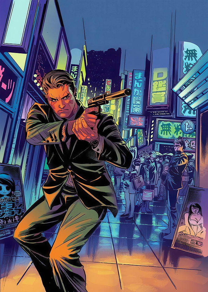 Man with gun in neon city