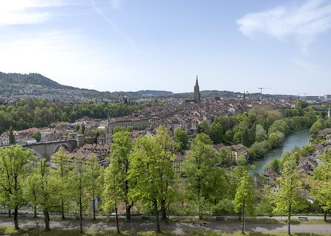 Bern cityscape with river and trees