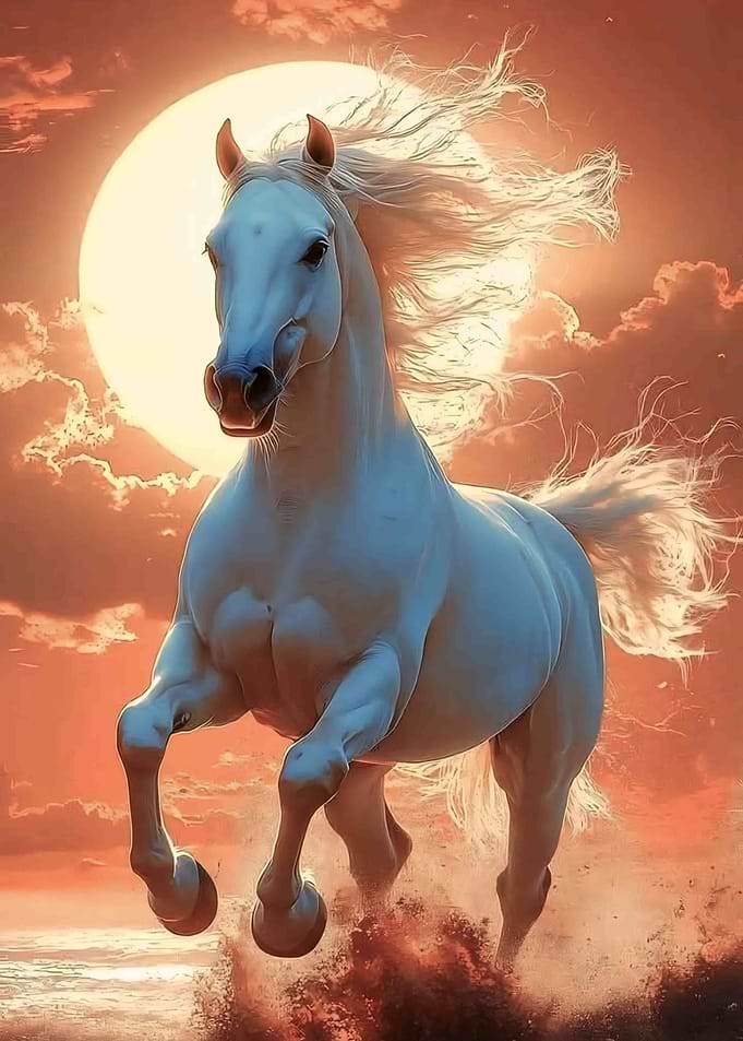 Majestic White Horse Running at Sunset