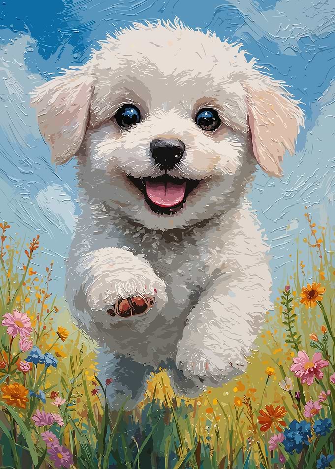 Happy Puppy in a Field of Flowers Painting
