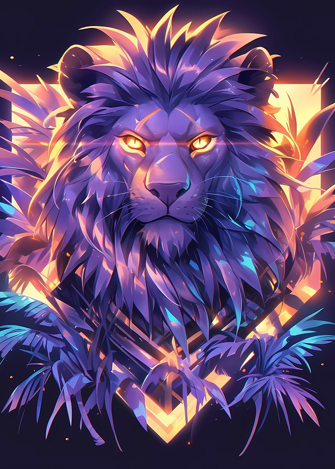 Neon Lion with Tropical Leaves