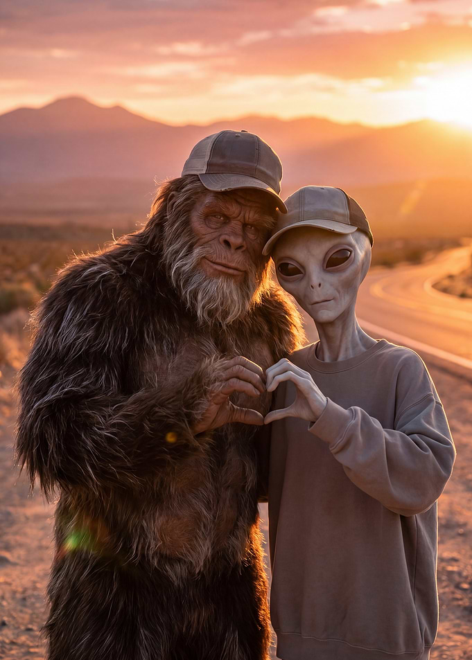 Bigfoot and Alien Making Heart Shape