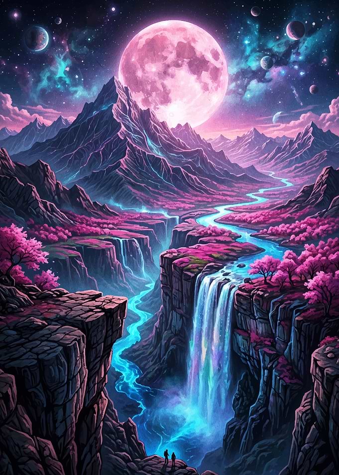 Surreal Alien Landscape with Pink Moon