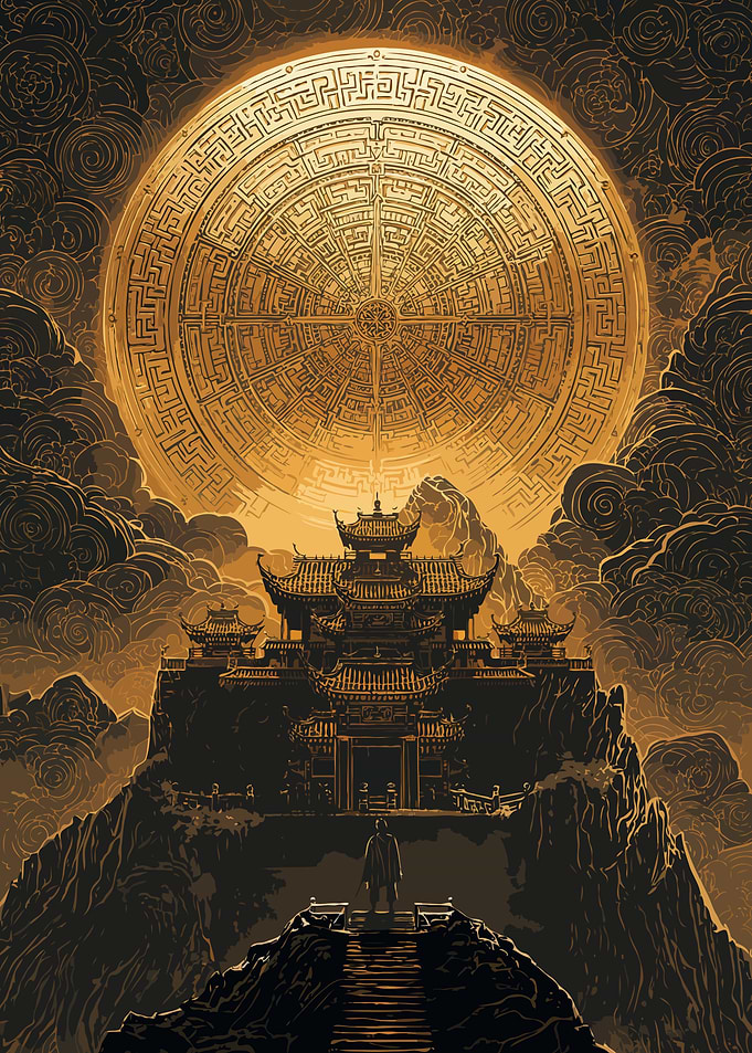 Asian Pagoda Temple Under a Golden Maze Sun