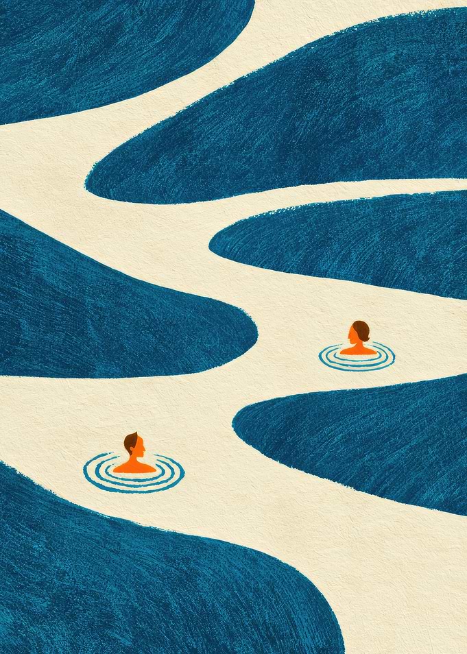 Two People Swimming in a Winding River