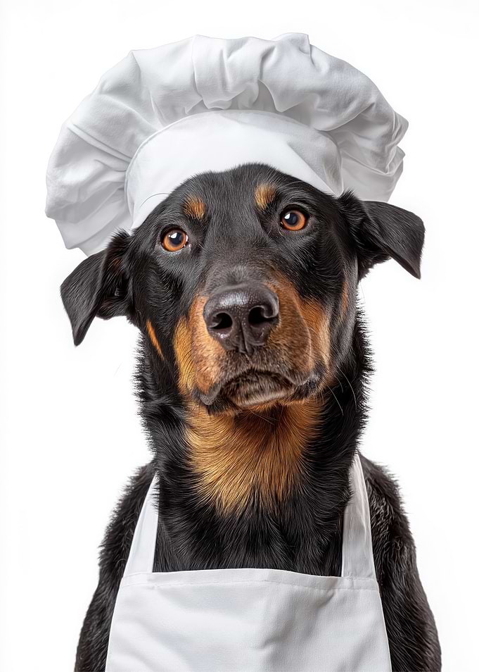 Chef Beauceron Dog in Chef Hat and Apron