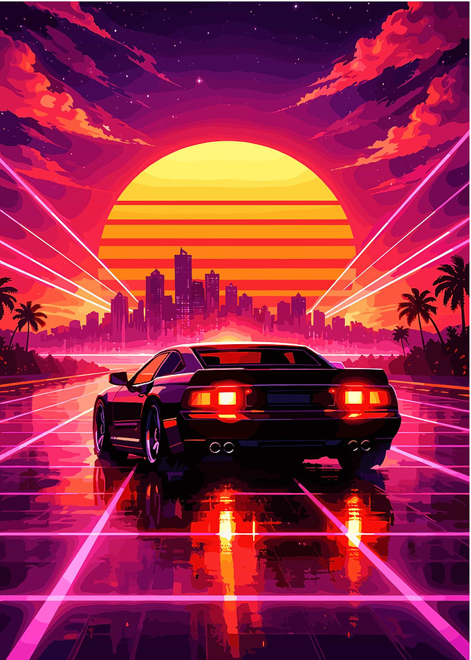 Retro Car Driving Towards Sunset Cityscape