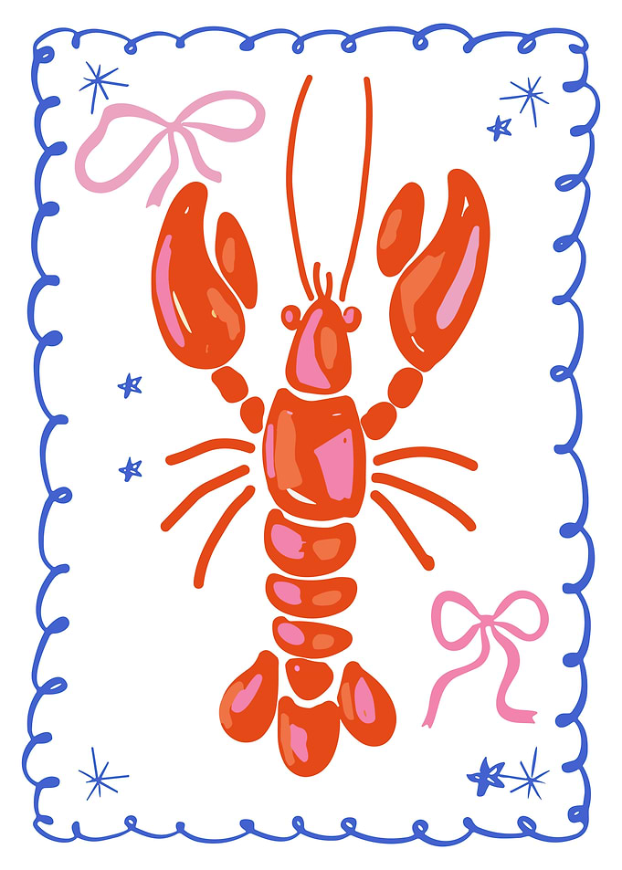 Cute Lobster Poster, Whimsical Seafood Wall Art, Playful Coastal Illustration Print