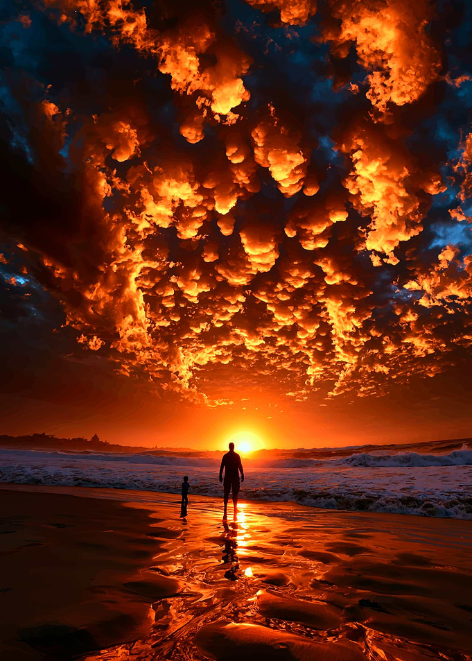 Father and Son Watching Fiery Sunset