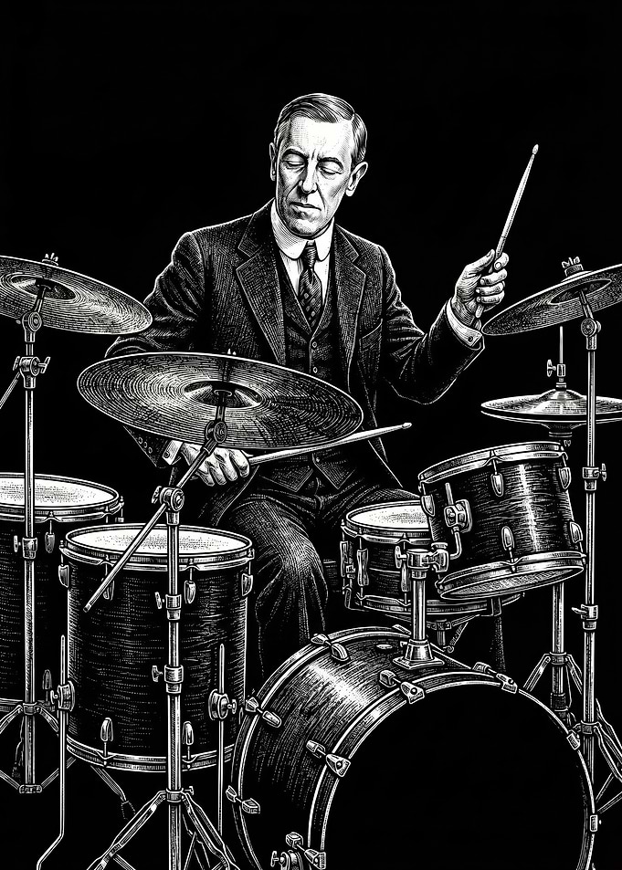 Woodrow Wilson playing drums in vintage style