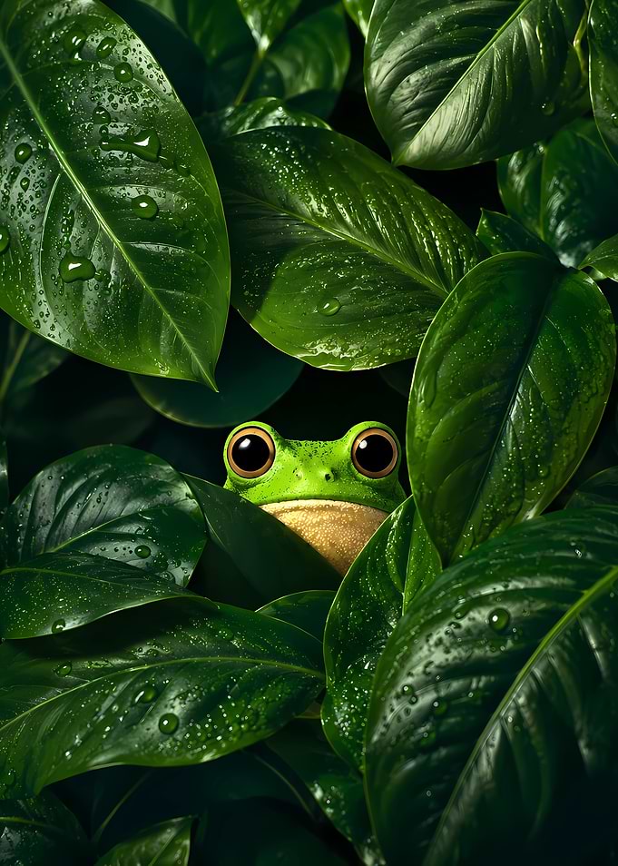 Frog Peeking Through Wet Leaves