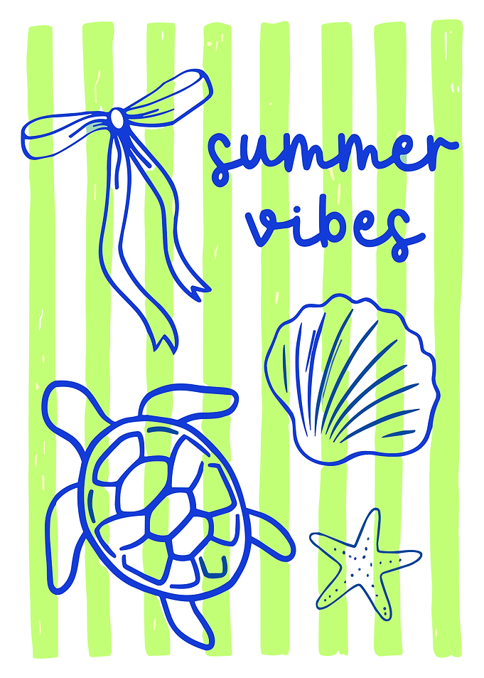 Summer Vibes Poster, Cute Turtle Beach Wall Art, Coastal Vacation Illustration Print