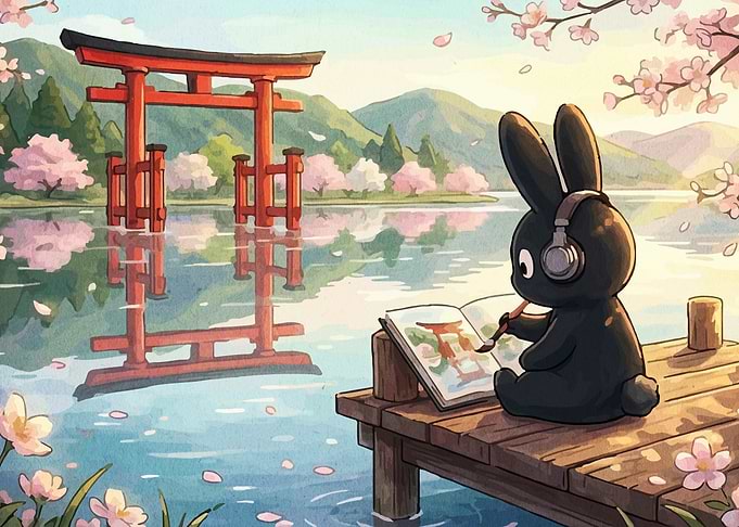 Bunny painting a Japanese torii gate
