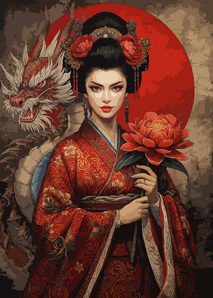 Asian Girl with Dragon and Flower