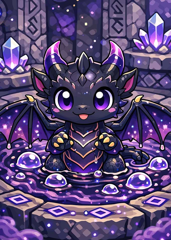 Cute Black Dragon in Purple Water