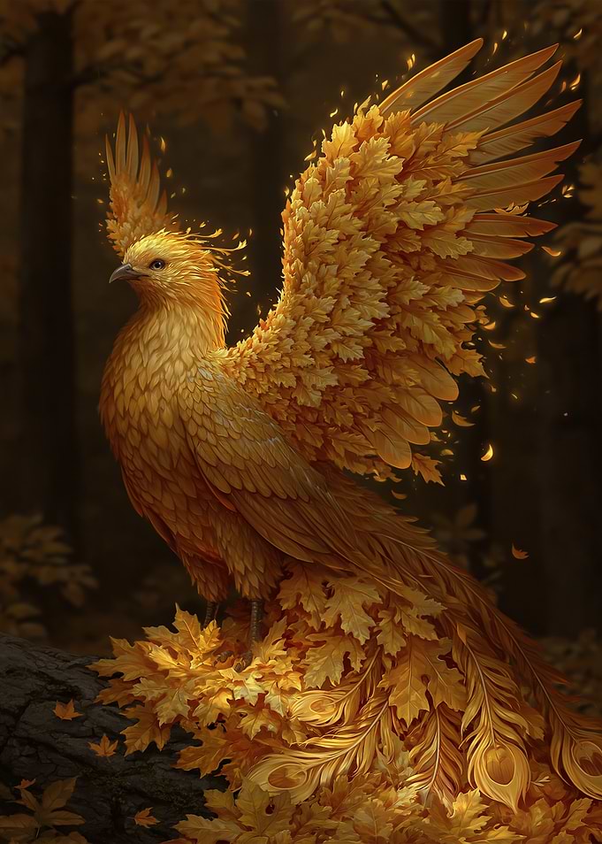 Golden Phoenix with Autumn Leaves