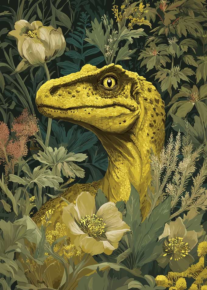 Yellow Raptor in Floral Jungle