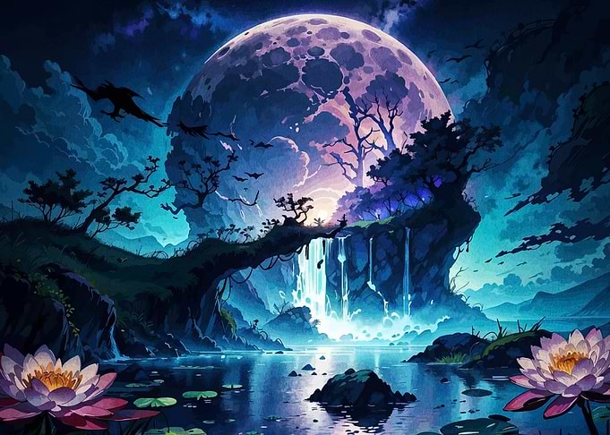 Enchanted Moonlit Waterfall Landscape