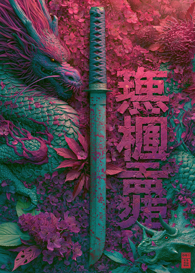 Dragon and Katana in Floral Setting