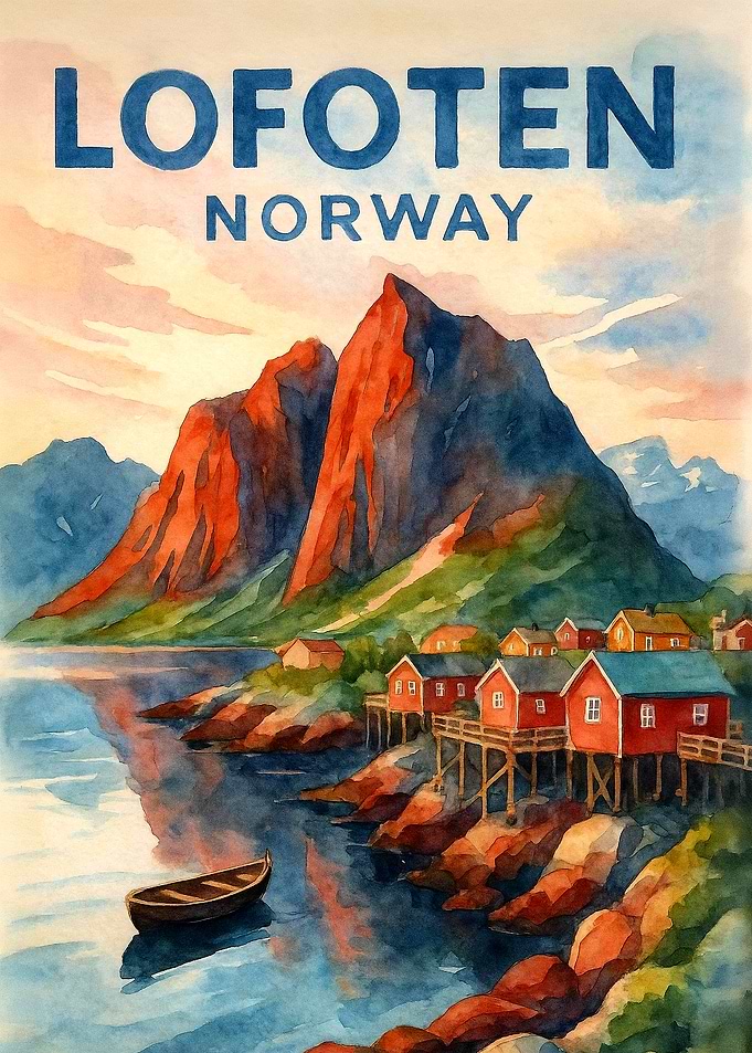 Lofoten Norway Vintage Travel Poster | Watercolor Fjord Village Wall Art