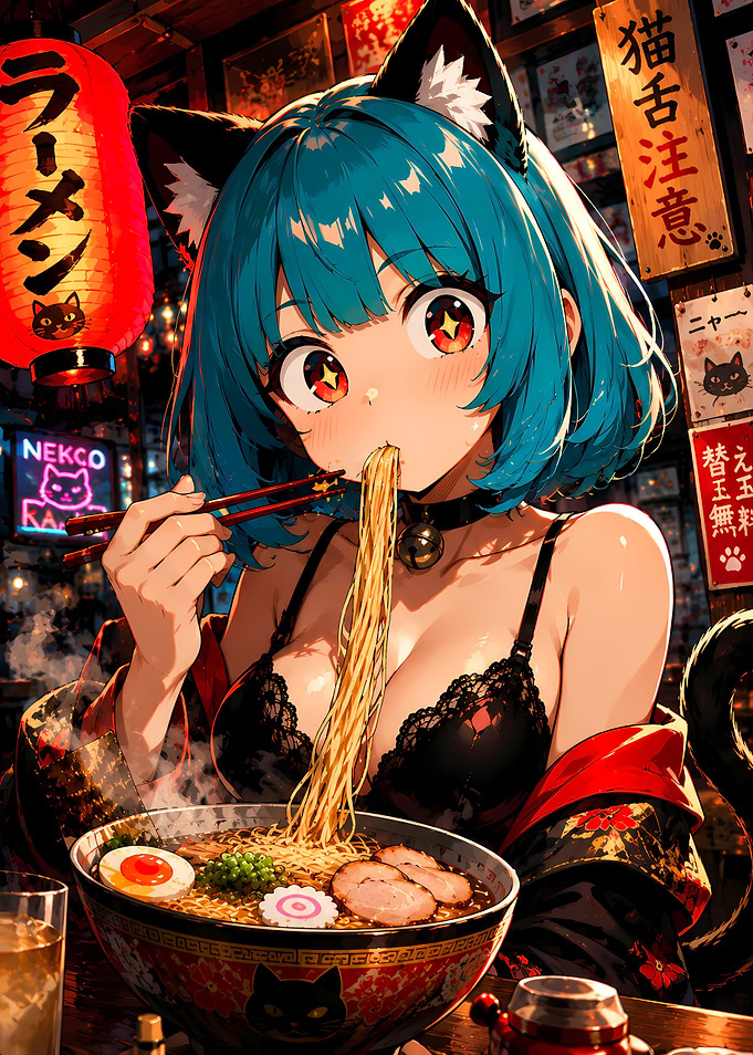 Anime Cat Girl Eating Ramen