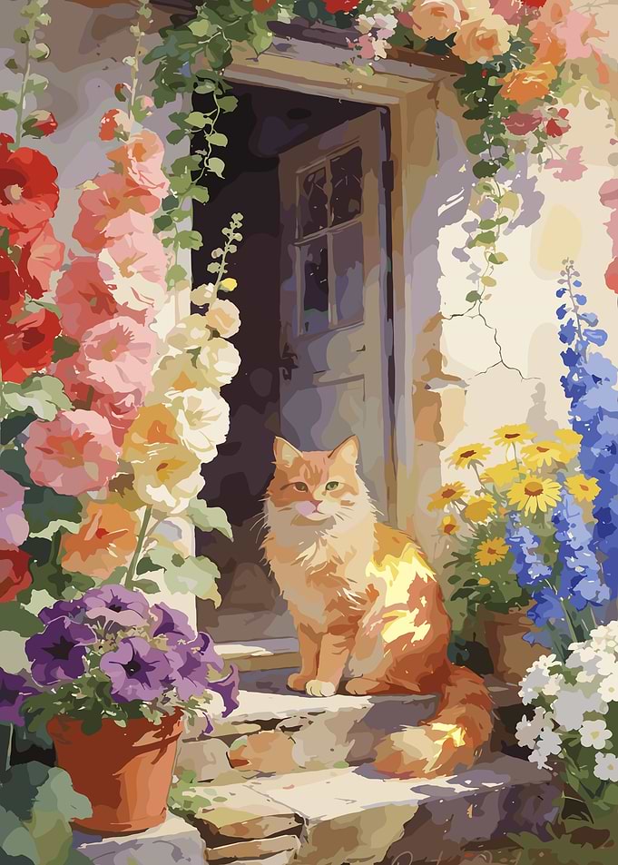 Orange Cat by a Doorway with Flowers